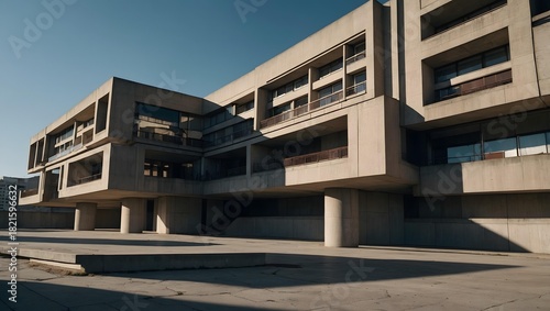 futuristic cityscape featuring a colossal brutalist megastructure made of reinforced concrete and metallic elements, captured from an extreme low-angle perspective