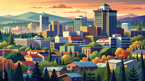 Very beautiful Eugene skyline view showcasing a balanced mix of mid-rise buildings, tree-filled neighborhoods, and distant rolling hills beneath a soft, glowing sky, captured in clean urban style.