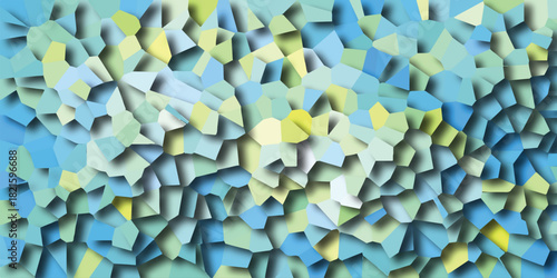 Geometric mosaic pattern with irregular polygonal shapes in shades of blue, green, and yellow, creating a vibrant, textured, and visually engaging abstract surface