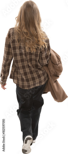 Cuadro en lienzo Woman walking away with jacket in hand on transparent background