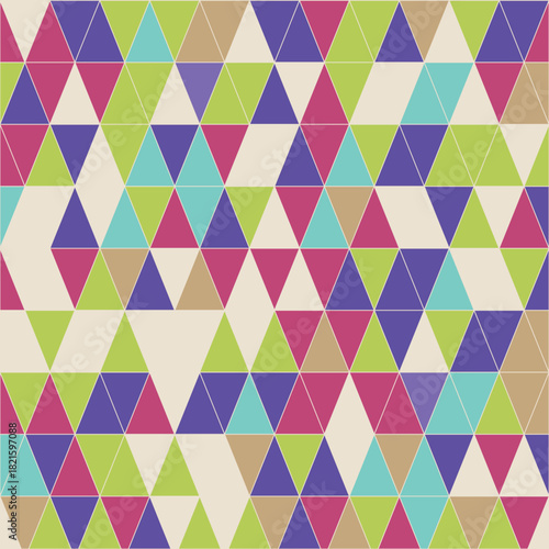 Geometric triangle mosaic, vibrant abstract pattern, colorful polygon grid, modern seamless shapes, retro inspired tessellation art vector illustration