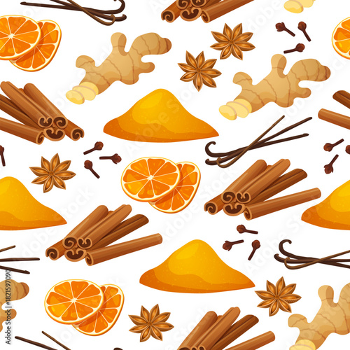 Vector seamless pattern of spices and dried fruits including dry slices of orange, cinnamon sticks, star anise, cloves, vanilla beans, ginger roots and turmeric powder on a white background