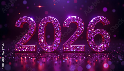 Sparkling 2026 numbers with pink and purple gem accents and bokeh new year celebration