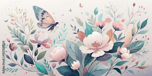 Seamless spring floral pattern with pink flowers, leaves, and a butterfly illustration for a beautiful nature background design