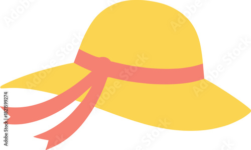 Minimalist Yellow Floppy Sun Hat Vector with Coral Ribbon, Ideal Graphic for Summer Vacation Design