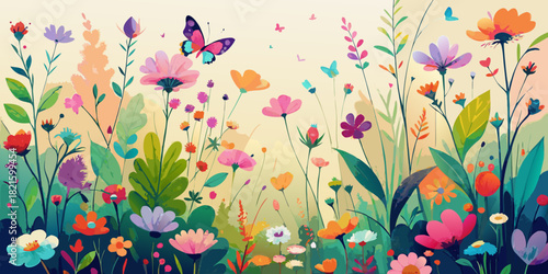 Seamless floral pattern with a pink butterfly, vector spring summer nature design illustration