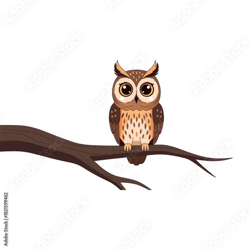 Cute cartoon owl with big eyes perched on a tree branch, an adorable illustration of a nocturnal bird of prey isolated on a white background
