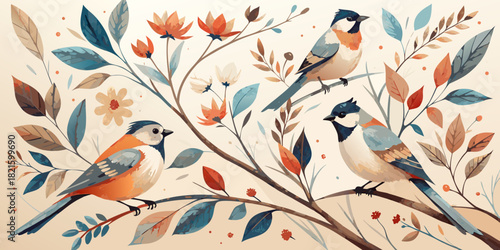 Seamless vector floral pattern with cute cartoon birds on a tree branch illustration