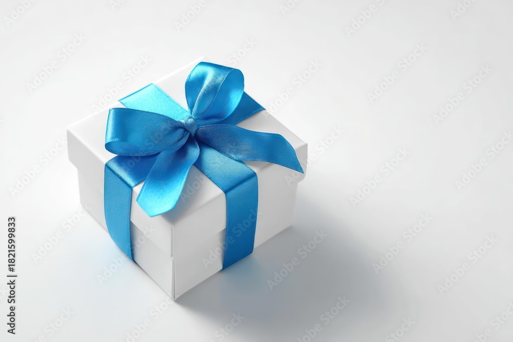 Obraz premium Elegant white gift box tied with a vibrant blue satin ribbon and bow on a clean white background