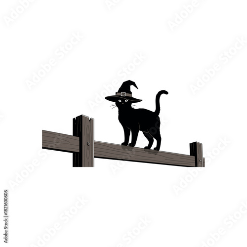 Black cat wearing a witch hat perched on a wooden fence, a spooky yet cute Halloween decoration