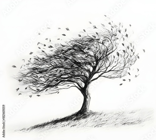 Charcoal drawing of a tree losing leaves in the wind on a white background.