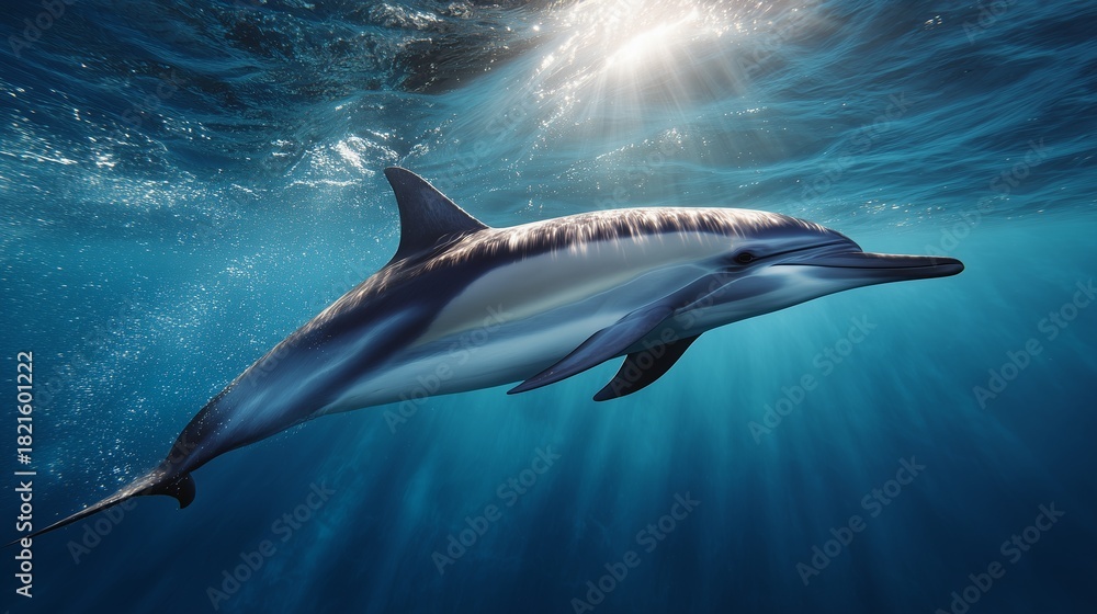 Fototapeta premium A breathtaking, hyperrealistic underwater photograph of a solitary common dolphin (Delphinus delphis) gracefully swimming through crystal-clear, deep blue tropical waters