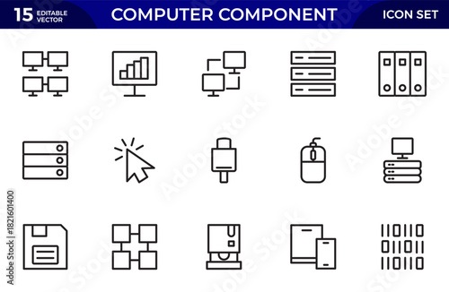 Computer components line icon set. Containing online, computer, network, website, server, web design, hardware, software. Thin outline icons pack. Vector illustration