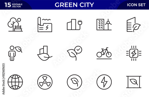 Green city Line icon set. Sustainable development. Contains such icons as renewable energy, autonomous building, air and water quality. Thin outline icons pack. Vector illustration