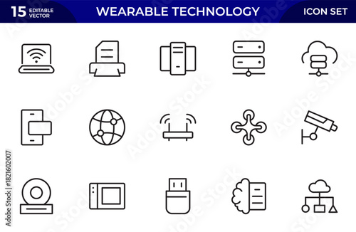 Wearable technology line icon set. Depicts various wearable devices designed for fitness tracking, communication. Thin outline icons pack. Vector illustration