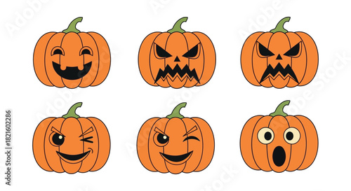Set of Halloween pumpkin faces, showcasing various emotions and expressions for festive designs