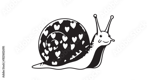 Playful snail with heart-patterned shell in simple black and white illustration.