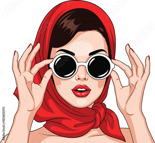 Pop Art Woman Vector with Red Headscarf and Round Sunglasses, Retro Glamour and Pin-Up Style