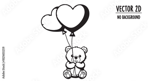 Cartoon teddy bear floating with two heart-shaped balloons in a playful scene.