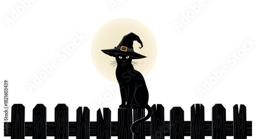 Elegant black cat in a classic witch's hat, perched on a rustic fence under a glowing full moon, creating a captivating illustration for Halloween and autumn holiday themes