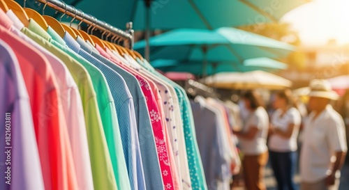 Fototapeta Naklejka Na Ścianę i Meble -  Colorful shirts hang on a rack at an outdoor market. Shoppers browse in the background under green umbrellas. Perfect for retail, fashion, or small business themes.
