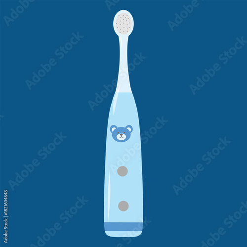 Kids rechargeable electric toothbrush, blue. Children’s electric brush vector, friendly design. Blue kid toothbrush, rechargeable and cute