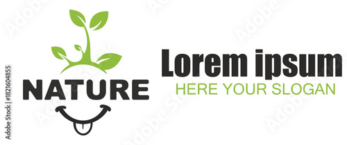 Nature logo design with a green plant sprout, a smiling face icon, and placeholder text, isolated on white background