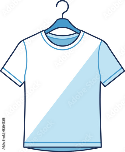 Simple White T-Shirt Vector on Hanger, Blank Apparel Mockup Template with Stylized Blue Shadow