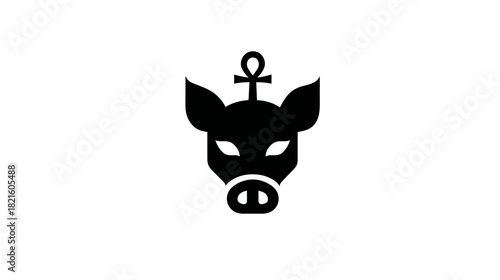 Stylized Black Pig Head Silhouette Icon with Ankh Symbol. Abstract Animal Graphic Element for Design Projects.