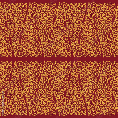 Vector illustration displaying intricate yellow flourishes on maroon backdrop. Ideal for vintage wallpaper, baroque upholstery, wedding invitations, or decorative wrapping paper print.