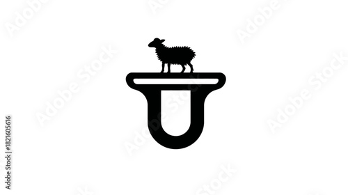 Minimalist black silhouette illustration of a sheep standing on a stylized letter U shape, simple graphic design.