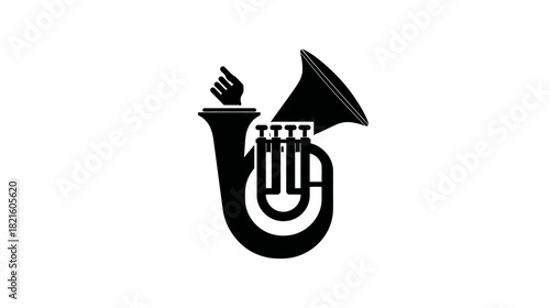 Minimalist black graphic of a brass instrument with an upward pointing hand. Music symbol, direction, inspiration, leadership concept.
