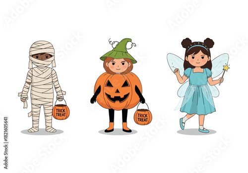 Halloween Costume Characters Mummy, Pumpkin, and Fairy Trick-or-Treaters Ready for Celebrations