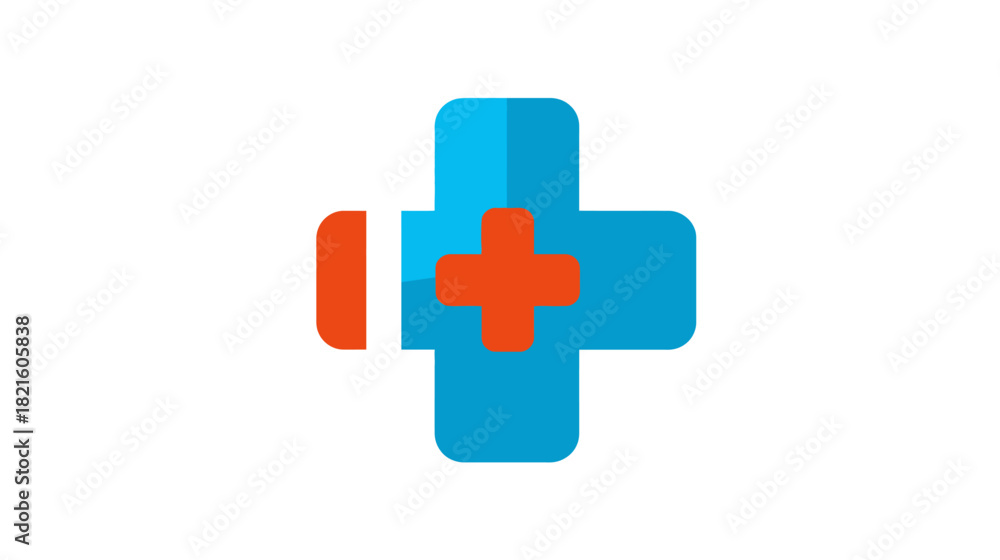 Obraz premium Modern flat design medical cross icon with orange plus symbol. Healthcare, first aid, pharmacy, and health services concept.