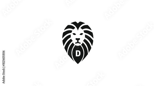 Minimalist black and white lion head logo with majestic mane and letter D. Powerful animal emblem for strength and leadership graphic design.