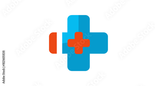 Modern flat design medical cross icon with orange plus symbol. Healthcare, first aid, pharmacy, and health services concept.
