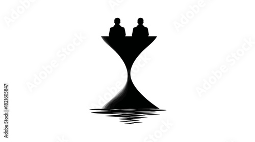 Minimalist black silhouette of two business figures meeting at an abstract hourglass-shaped table with reflection concept
