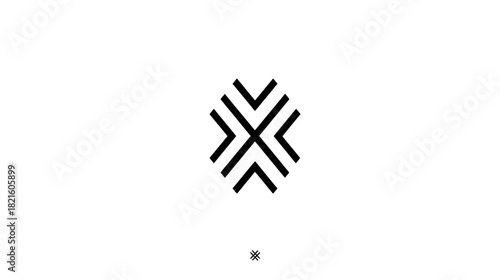 Minimalist abstract geometric symbol with sharp angles and arrow elements. Clean black and white line art vector icon.