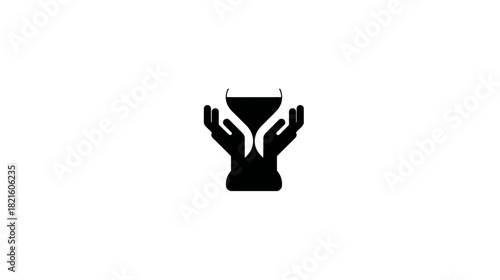 Graphic icon of cupped hands holding a stylized beverage glass with liquid, representing care, hospitality, or an offering.