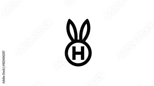 Black and white minimalist illustration of bunny ears and initial H in a circular design