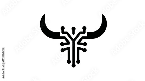 Powerful Digital Bull Head Icon with Circuit Board Pattern. Technology, AI, Finance, and Strength Concept Graphic Design.