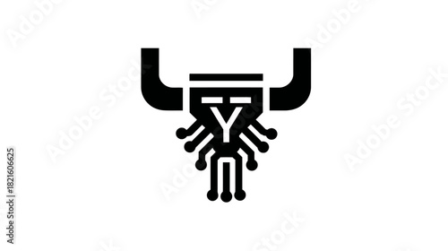Modern digital bull head icon with integrated circuit board design. Abstract symbol for technology, finance, power, and artificial intelligence.