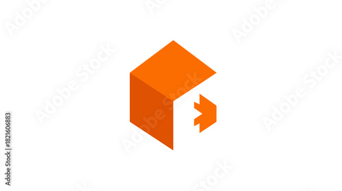 Abstract orange isometric cube with an integrated arrow on a white background, symbolizing home, direction, or business growth.