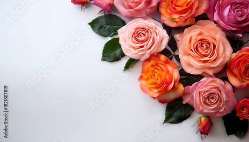 detailed view of vibrant pink and orange roses against a plain white backdrop with plenty of room for text macro floral imagery perfect for seasonal greeting card designs