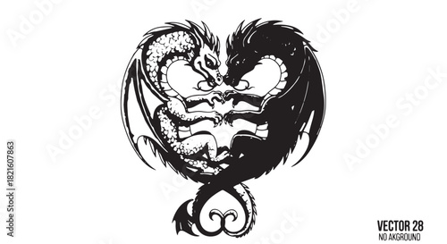 Intertwined Dragons Forming a Yin Yang Circular Emblem in Black and White Illustration.