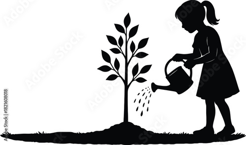 Child watering plant growth symbol