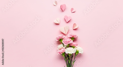 Graceful arrangement of delicate pink and white carnation flowers with paper hearts gently ascending on a soft pastel background, symbolizing love and serene affection