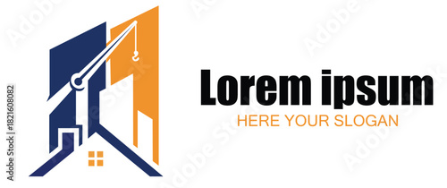Construction and real estate logo, house, building, crane, property development, isolated on white background