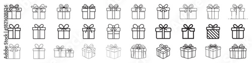 Gift box line icons set. Present gift box icon. Surprise present linear style. Gift box line icon, outline vector sign, linear-style pictogram isolated on black. Present symbol - stock vector.