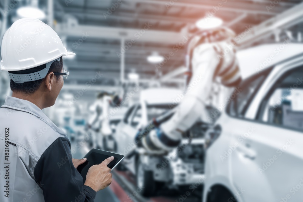 Fototapeta premium Automated car manufacturing process, featuring advanced robotics and skilled engineer, revolutionizes automotive industry production and efficiency.
